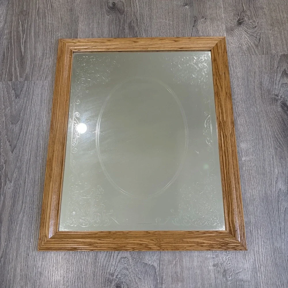 Vintage Etched Mirror Oak Frame Rectangle art wall Cottage granny core 23